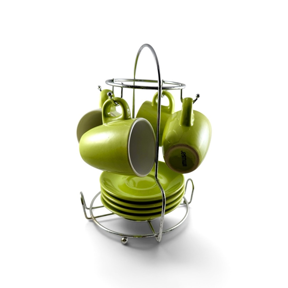 Discontinued IMUSA Yellow Green Espresso Coffee Mug Set. 8 pieces w/carrier.